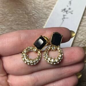 Vintage Gold Tone Rhinestone Black Stone Clip On Earrings Signed